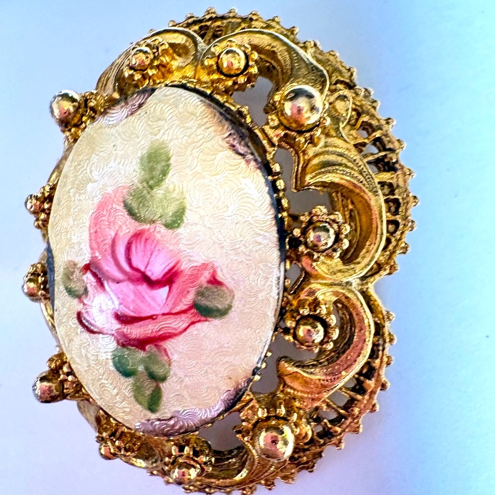 Vintage 1960s floral Gold tone Guilloché enameled hand painted Rose Brooch